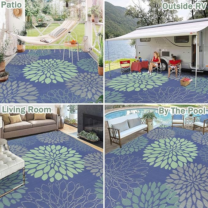 Ileading Reversible Outdoor Rug 9x12Ft Waterproof Patio Rug Carpet Portable Outdoor Plastic Straw Rug Large RV Camping Mat Rug for Patio, Clearance, Deck, Beach, Porch, Camping, Picnic, Colorful