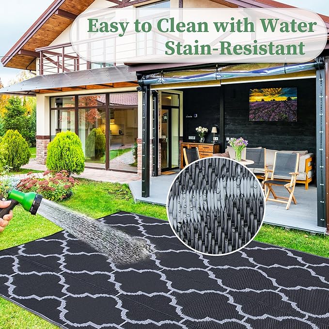 Ogrmar 6x9 FT Reversible Mats, Outdoor Rug for Patio Clearance, Waterproof Carpet, Plastic Straw Rug for Indoor Outdoor, Floor Mat&Rug for RV Porch Camping Backyard Deck Balcony Beach Trailer (Black)
