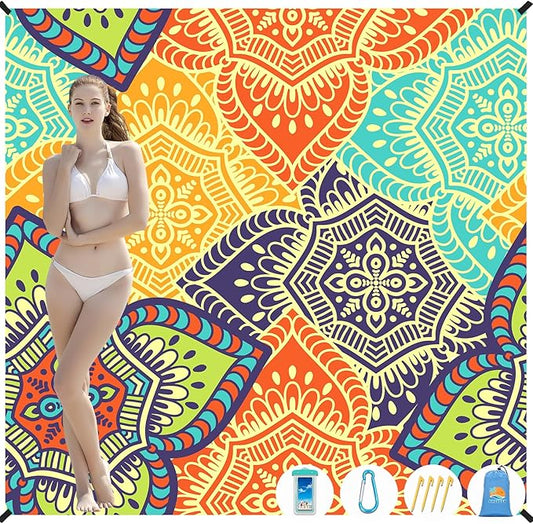 Beach Blanket Waterproof Sandproof 1-7 Adult Oversized 78 '' × 81 '' Lightweight Durable Compact Sand Free Beach Mat for Travel Camping Hiking Picnic Blanket Extra Large