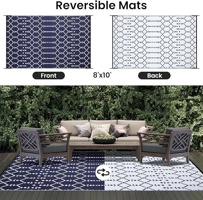 Smiry Outdoor Rug 8x10 ft, Waterproof Reversible Plastic Straw Rugs, Boho Outdoor Area Rug, Outside Floor Mat for Patio, Backyard, Deck, Picnic, Beach, Camping, Navy