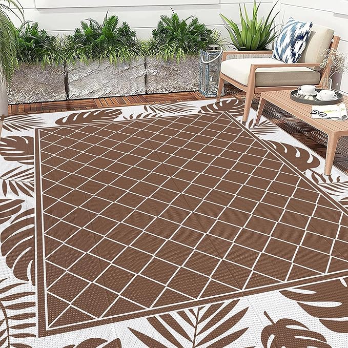 Ileading Outdoor Rug Carpet for Patio 8'x10' Waterproof Reversible Plastic Straw Rug Portable Outside Area Rug Camping Mat for Patio, Clearance, Balcony, Picnic, Pool, Beach, RV, Deck, Brown