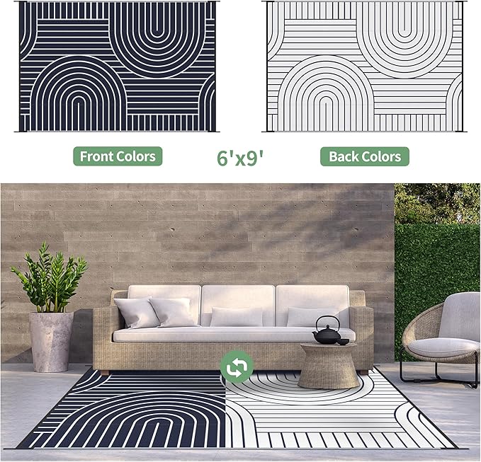 GENIMO Outdoor Rug 6'x9' Patio Waterproof, Lightweight Outdoor Plastic Straw Rug Clearance, Reversible Camping Mat Outdoor Carpet for RV, Picnic, Backyard, Deck, Balcony, Porch, Blue & White