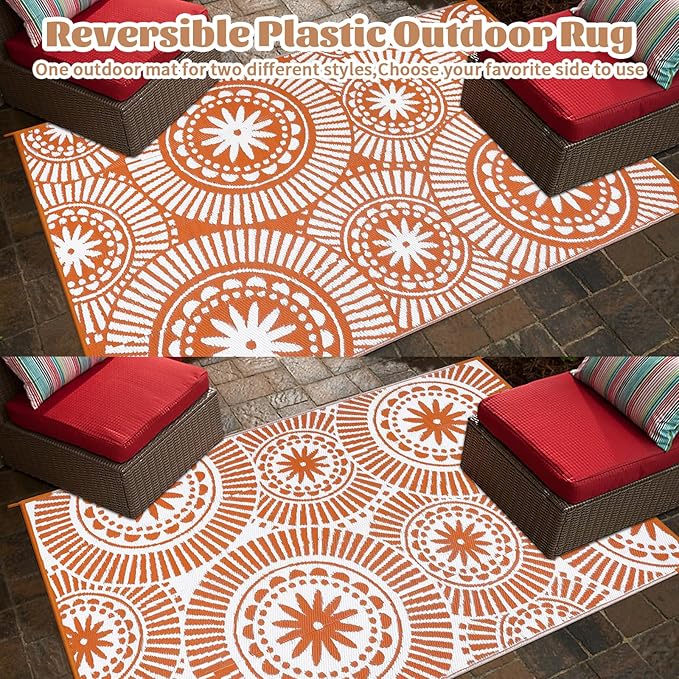 Ileading Large Plastic Outdoor Rug 8x10ft Modern Geometric Style Reversible Patio Area Rugs Waterproof Non Shedding Portable Carpets for Rv Outside Deck Pool Beach Picnic Camping (Orange)