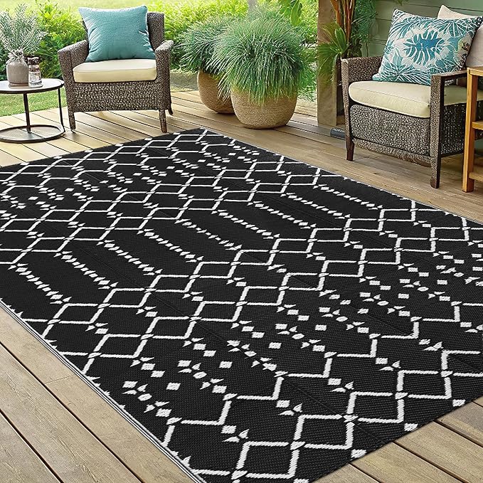 Smiry Outdoor Rug 5x8 ft, Waterproof Reversible Plastic Straw Rugs, Boho Outdoor Area Rug, Outside Floor Mat for Patio, Backyard, Deck, Picnic, Beach, Camping, Black