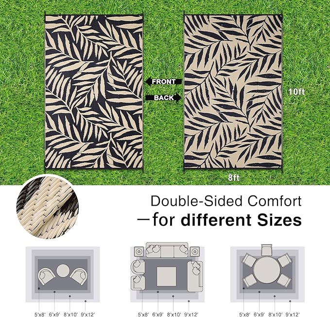 OLANLY Waterproof Outdoor Rug 8x10 ft, Reversible Outdoor Plastic Straw Rug with Leaf Pattern, RV Mat, Indoor Outdoor Carpet for Patio, Camping, Balcony, Deck, Backyard, Black & Beige