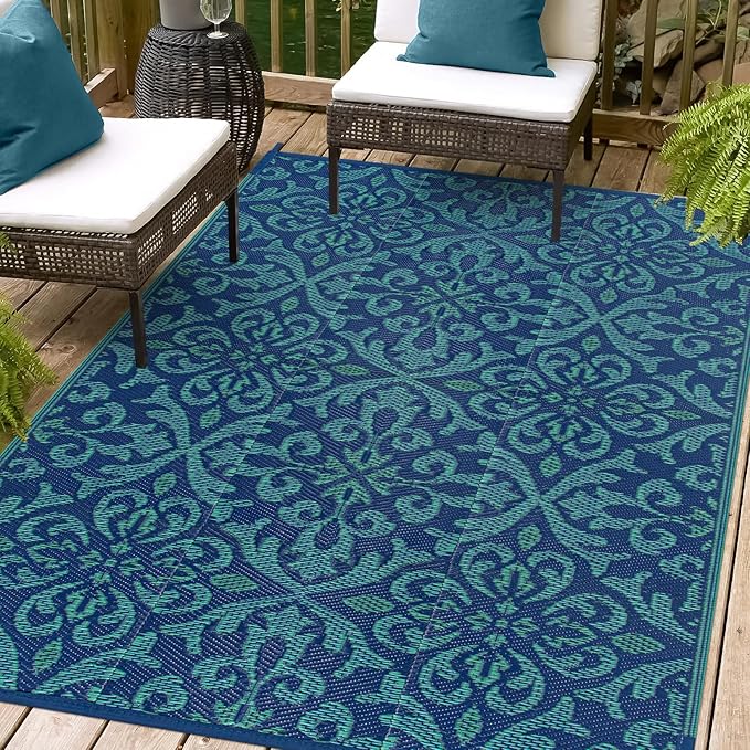 Lahome Navy Blue Outdoor Patio Rug Waterproof 6x9, Plastic Straw Rug Reversible Indoor Outdoor Carpet Floor Decor,Large Portable Outside Camping Mats for Balcony Deck Tent, Deep Blue 6x9