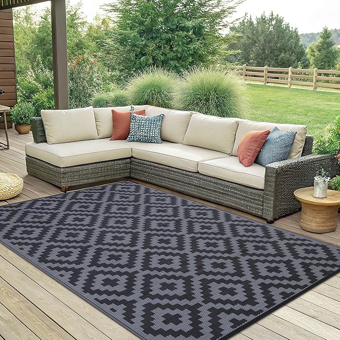 Smiry Waterproof Outdoor Rug 6x9 ft, Reversible Plastic Straw Patio Camping Rugs, Outdoor Indoor RV Mat Carpet for Patio, Outside Entry, Backyard, Deck, Bench, Picnic, Camper, Black & Grey