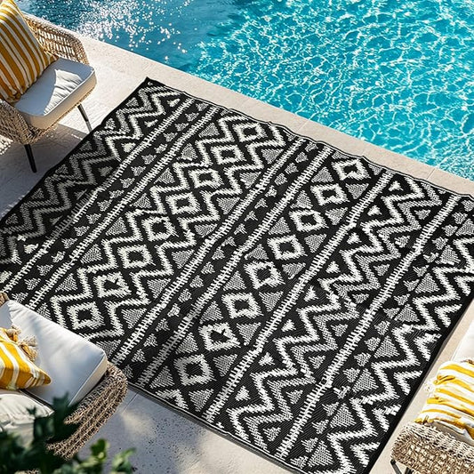 Waterproof Outdoor Rug 4x6 ft, Reversible Plastic Straw Rug, Easy to Clean Patio Rug, Portable Carpet for Patio, RV, Deck, Balcony, Backyard, Picnic, Beach, Geometric Diamond, Gray