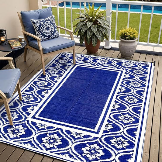 Patio Rug 5'x8' Waterproof Outside Area Rugs Reversible Light Blue Outdoor Plastic Straw Carpet for RV Deck Camping Entryance Porch Picnic Balcony Beach