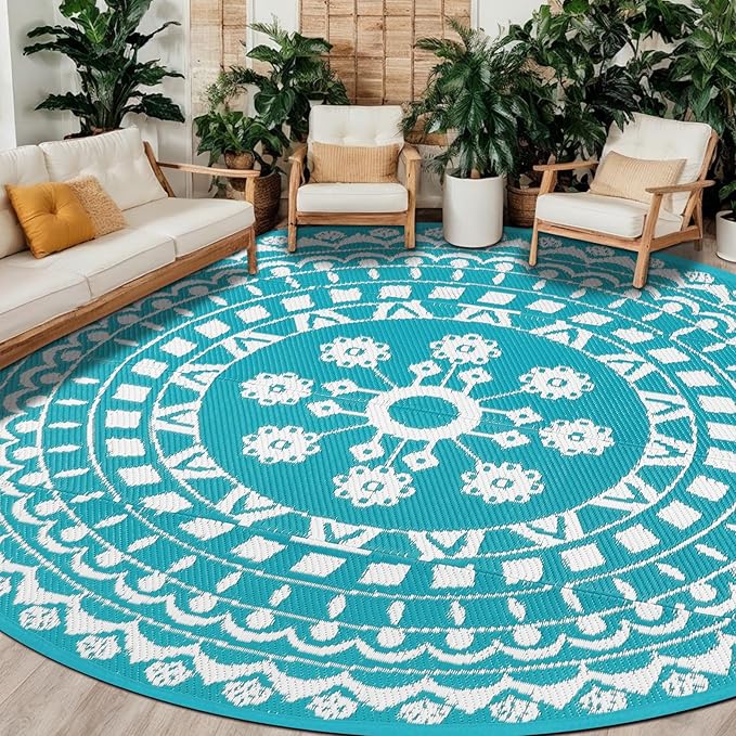 Capslpad 10Ft Round Outdoor Rug for Patio Clearance Boho Reversible Mat Waterproof Outdoor Plastic Straw RV Camping Rug Outside Circle Area Rug for Porch Deck Terrace Picnic Beach Apartment, Teal