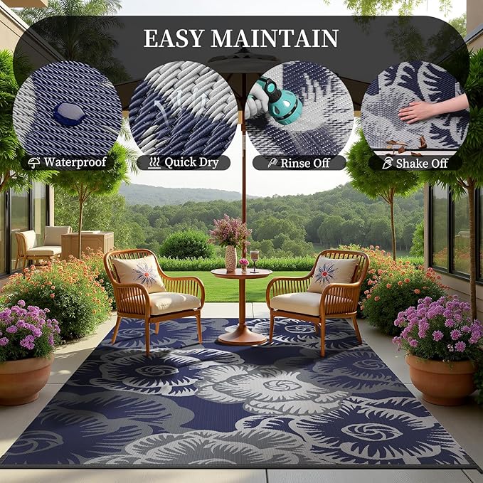 MontVoo Outdoor Rug 8x10 Waterproof Patio Rug-Outdoor Carpet Mat Reversible Plastic Straw Outside Outdoor Rug for RV Camping Picnic Beach Balcony Backyard Pool Deck Farmhouse Floral Navy Blue