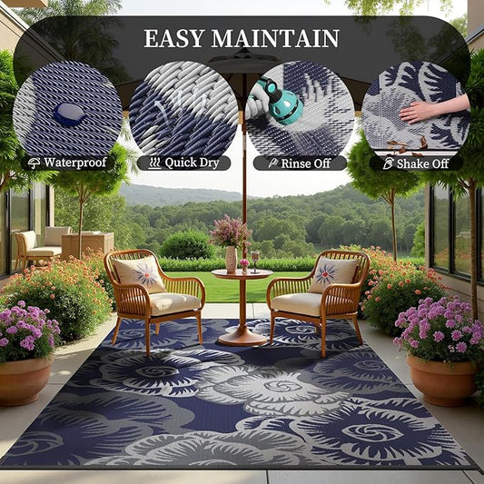 MontVoo Outdoor Rug-Waterproof Patio Rug Mat 5x8 Outdoor Carpet Mat Reversible Plastic Straw Outside Outdoor Rug for RV Camping Picnic Beach Balcony Backyard Pool Deck Farmhouse Floral Navy Blue