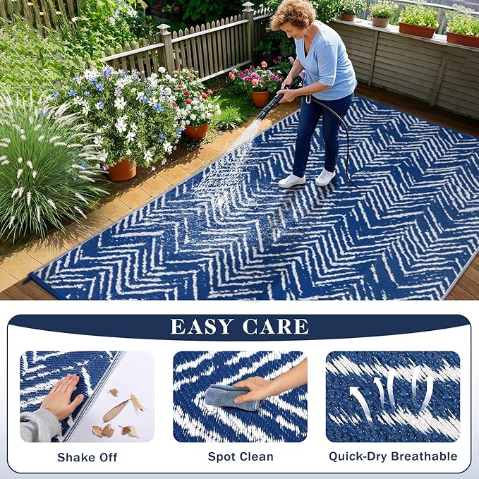 Outdoor Patio Rug 5x8 Navy Blue, Waterproof Reversible Outdoor Plastic Straw Rugs RV Camping Mat UV-Resistant Outside Carpet Portable Area Mats for Garden Balcony Deck Picnic Beach