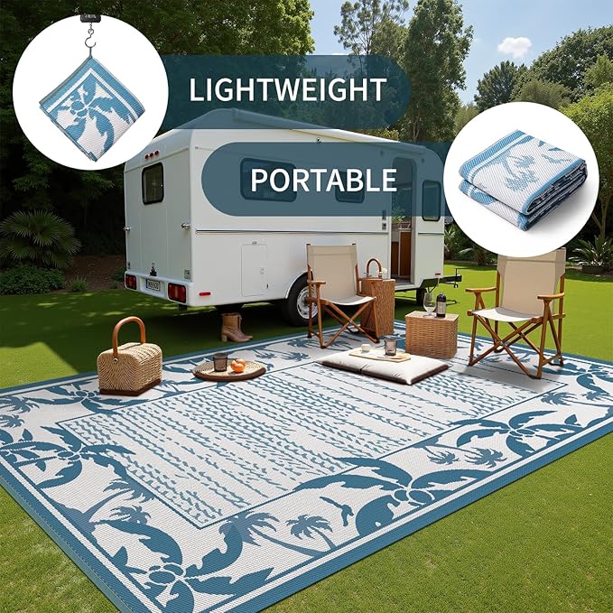 COCOER Outdoor-Rug 5x8 ft Waterproof Reversible Outdoor Plastic Straw Rug RV Indoor Outdoor Carpet Quick Dry Patio Rug Camping Mat for Balcony Backyard Picnic Beach-Blue&White