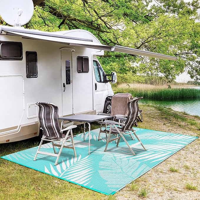 GENIMO Outdoor Rug 5' x 8' Waterproof for Patios Clearance, Reversible Outdoor Plastic Straw Camping Rug Carpet, Large Area Rugs Mats for RV, Picnic, Backyard, Deck, Balcony, Porch, Aqua Blue&White