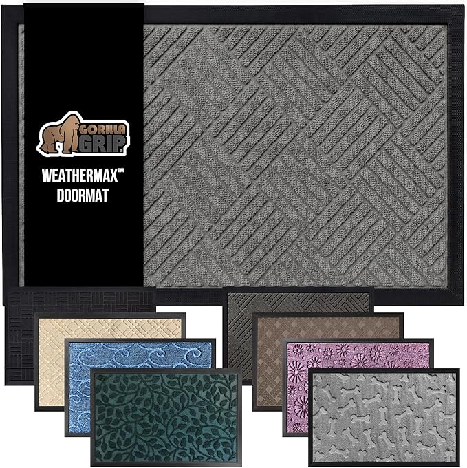 GORILLA GRIP 100% Waterproof All-Season WeatherMax Doormat, Durable Natural Rubber, Stain and Fade Resistant, Low Profile, Indoor Outdoor Door Mats, Easy Clean Patio Entrance Mat, 23x35, Steel Diamond