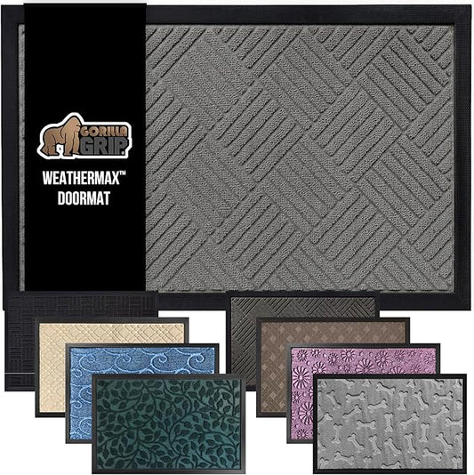 GORILLA GRIP 100% Waterproof All-Season WeatherMax Doormat, Durable Natural Rubber, Stain and Fade Resistant, Low Profile, Indoor Outdoor Door Mats, Easy Clean Patio Entrance Mat, 23x35, Steel Diamond