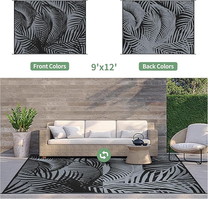 GENIMO Outdoor Rug 9' x 12' Waterproof for Patio Clearance, Reversible Plastic Straw Camping Carpet, Lightweight Mats for Rv, Backyard, Deck, Porch, Picnic, Beach, Balcony, Mix-Black & Gray