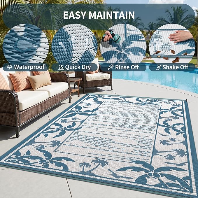 COCOER Outdoor-Rug 5x8 ft Waterproof Reversible Outdoor Plastic Straw Rug RV Indoor Outdoor Carpet Quick Dry Patio Rug Camping Mat for Balcony Backyard Picnic Beach-Blue&White
