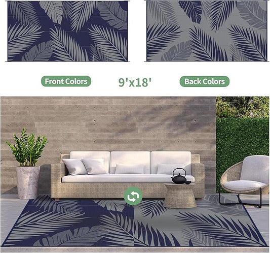 GENIMO Outdoor Rug 9' x 18' Waterproof for Patios Clearance, Reversible Outdoor Plastic Straw Camping Rug Carpet, Large Area Rugs Mats for RV, Camper, Deck, Balcony, Porch, Beach, Navy Blue&Grey