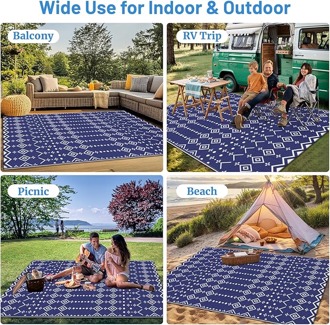 StepRite 6’ x 9’ Reversible Outdoor Rug, Waterproof Plastic Straw Rug, Patio Rug, Large Modern Area Rug Carpet, Indoor Outdoor Rugs for Camping, Porch, Deck, Balcony, Backyard, RV, Picnic(Blue)