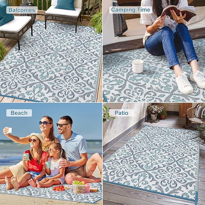 Lahome Waterproof Outdoor Plastic Straw Rug 5x8 Outside Carpet Waterproof Camping Mats Rugs, Reversible Floral Design Patio Rug for Porch Backyard Balcony Deck, Blue & White