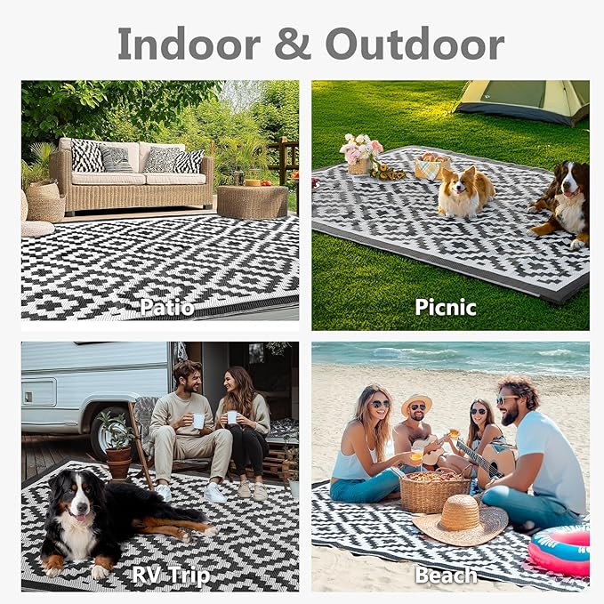 Outdoor Rug 8x10 Patio Waterproof, Plastic Straw Outdoor Carpet - UV Resistant Reversible Indoor Outdoor Rugs for Porch, Camping, Poolside, RV, Balcony, Easy to Clean, Black and White