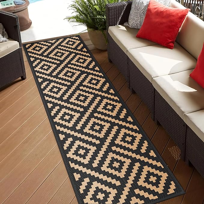 GENIMO Outdoor Rug 2.5'x8' Waterproof, Reversible Camping Mat, Plastic Straw Rugs for Patio, RV, Camper, Balcony, Backyard, Picnic, Deck (Black & Brown)
