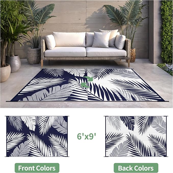 Outdoor Rug 6' x 9' for Patio Waterproof Clearance, Reversible Indoor Outdoor Plastic Straw Camping Rug Carpet, RV Mat, Large Area Rug for Deck, Backyard, Balcony, Porch, Navy Blue and White