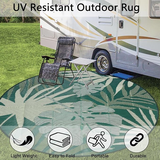 Homcomoda Round Outdoor Rugs 8Ft Waterproof Reversible Patio Rugs Outdoor Clearance Lightweight Outdoor Rugs Portable RV Camping Mats for Tents Deck Porch BBQ Beach Backyard