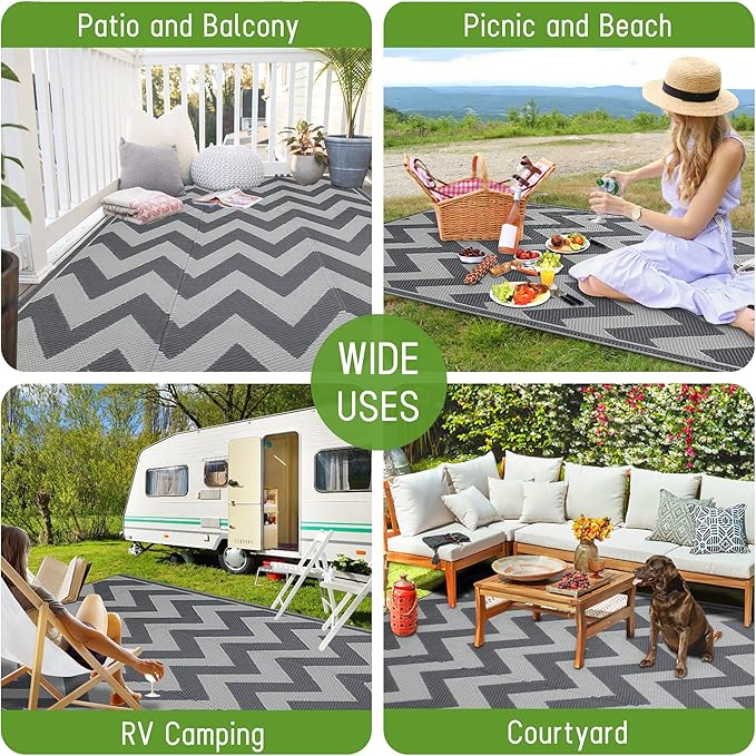 Easy-Going Reversible Outdoor Rugs 4x6ft Waterproof Plastic Straw Rug Stain & UV Resistant Floor Mat for Patio Porch RV Backyard Pool Deck Picnic Beach Trailer Camping (Waved Grey & Light Grey)
