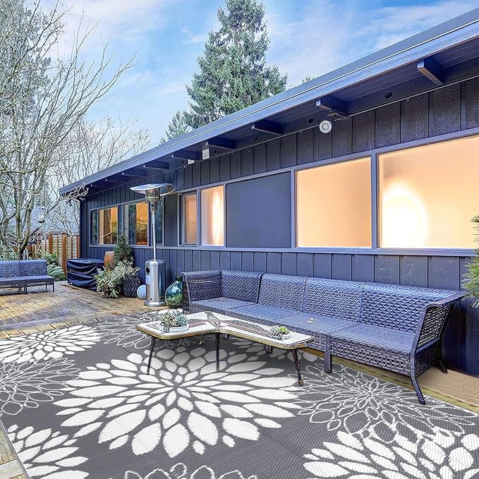 Ileading Reversible Outdoor Rug 6x9Ft Waterproof Patio Rug Carpet Portable Outdoor Plastic Straw Rug Large RV Camping Mat Rug for Patio, Clearance, Deck, Beach, Porch, Camping, Picnic, Flower Grey