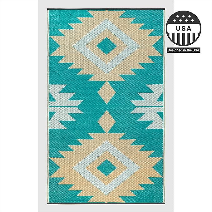 FH Home Outdoor Rug - Waterproof, Fade Resistant, Reversible - Premium Recycled Plastic - Geometric - Patio, Deck, Porch, Balcony - Bursa Kilim - Teal Crease Free - 6 x 9 ft