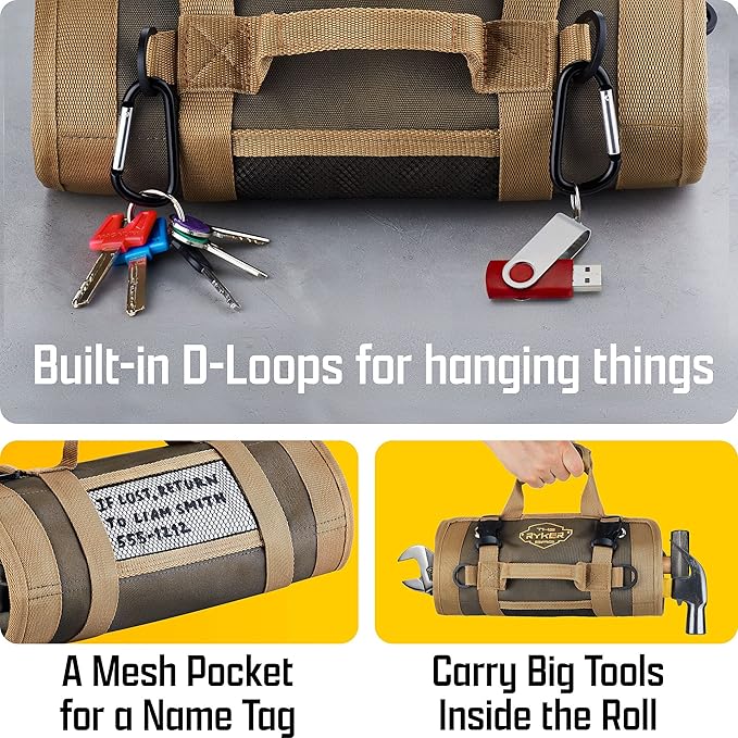 The Ryker Roll Up Tool Bag Organizer Gifts for him (2-pack) Heavy Duty Small Motorcycle Tool Roll Bag Organizer Portable Rollup Toolbag w/Detachable Pouches Mens gifts for Dad, Mechanic & Hobbyist