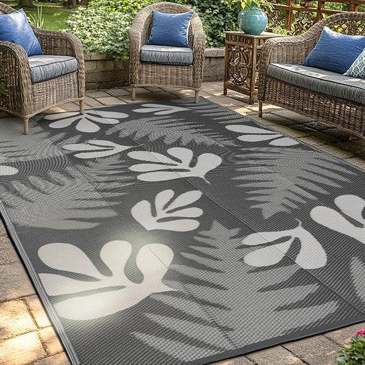 wikiwiki Outdoor Rug, 4x6ft Waterproof Reversible Mat Indoor Outdoor Rugs Carpet, Small Area Rug Plastic Straw Rug for Patio Deck Balcony Pool RV Camping Beach Picnic, Grey Leaves, Rugscape Series