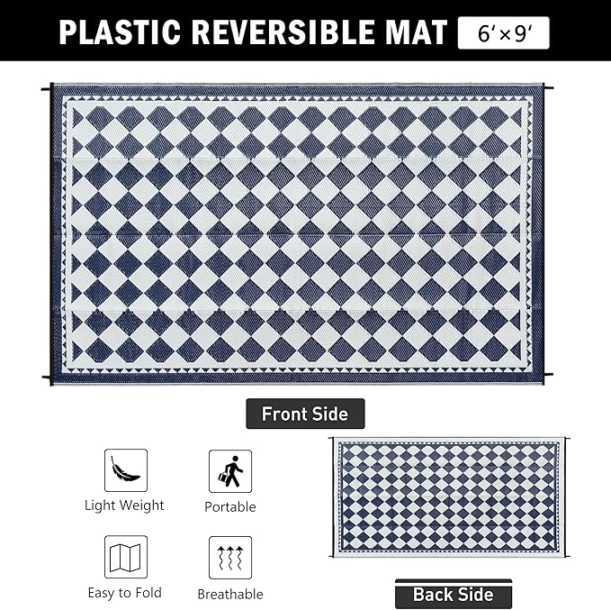 Outdoor Waterproof Rug 6'x9' Plastic Straw Rugs Washable Reversible Floor Mat Blue Plaid Carpet for Camping RV Deck Entryance Porch Picnic Balcony Beach Backyard