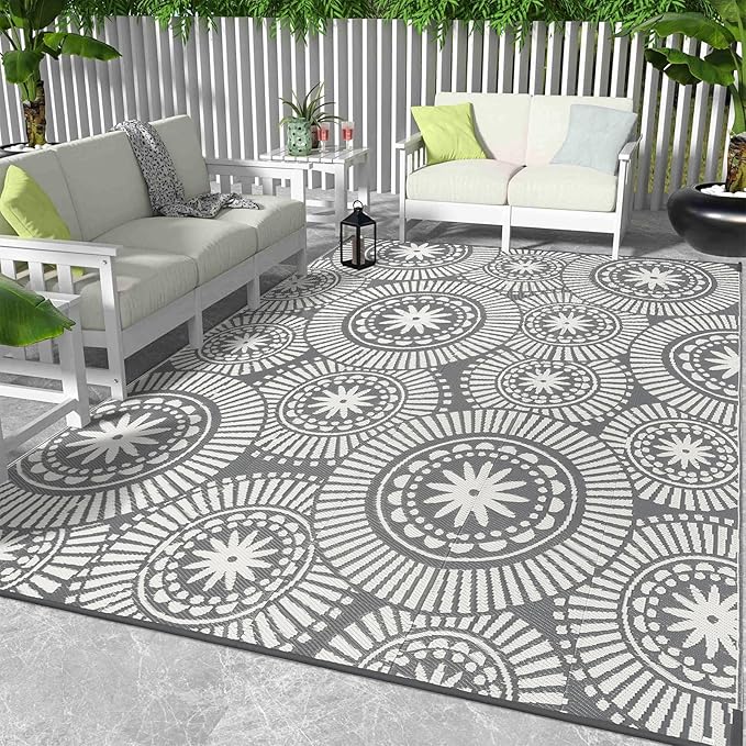 Ileading Large Plastic Outdoor Rug 9x12ft Modern Geometric Style Reversible Patio Area Rugs Waterproof Non Shedding Portable Carpets for Rv Outside Deck Pool Beach Picnic Camping (Grey)