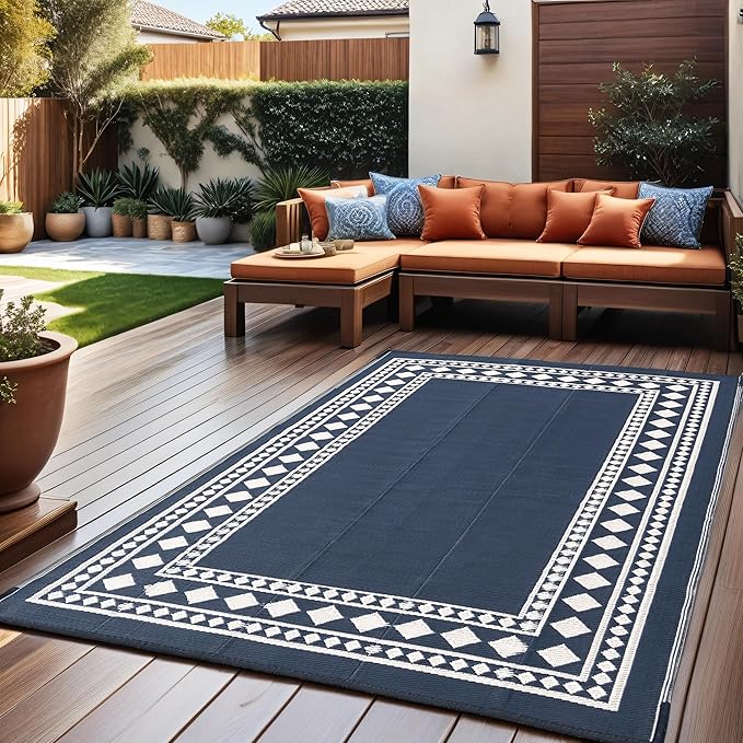 RURALITY Outdoor Rugs 6x9 Waterproof for Patios Clearance,Plastic Straw Mats for Backyard,Porch,Deck,Balcony,Black and Beige