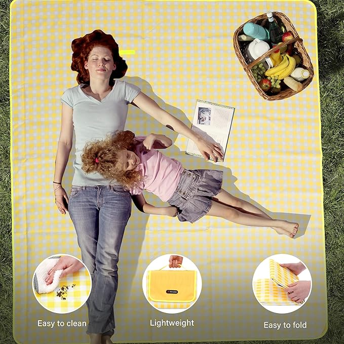 Outdoor Picnic Blanket 80"X80" Picnic Mat Extra Large Camping Blanket Beach Blanket Foldable Waterproof Sand Mat Hiking Travel Family Concerts(Yellow)