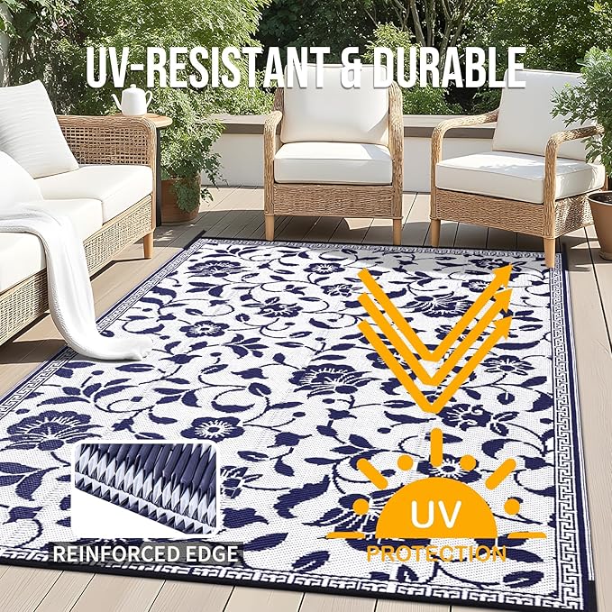 OLANLY Waterproof Outdoor Rug 8x10 ft, Outdoor Plastic Straw Rug with Flower Pattern, Reversible RV Mat for Patio, Camping, Balcony, Deck, Backyard, Navy & White