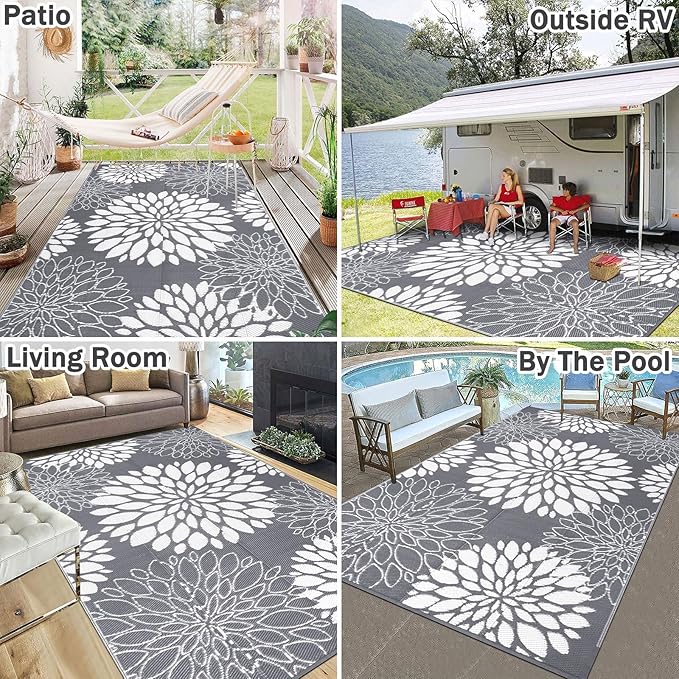 Ileading Reversible Outdoor Rug 5x8Ft Waterproof Patio Rug Carpet Portable Outdoor Plastic Straw Rug Large RV Camping Mat Rug for Patio, Clearance, Deck, Beach, Porch, Camping, Picnic, Flower Grey