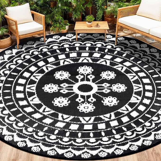 Capslpad 8Ft Round Outdoor Rug for Patio Reversible Mat Boho Circle Indoor Outside Area Rug Waterproof Plastic Straw Rug for RV Camping Picnic Pool Tent Beach Deck Balcony Doormats Decor