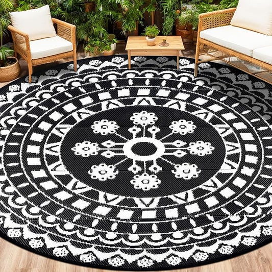 Capslpad 8Ft Round Outdoor Rug for Patio Reversible Mat Boho Circle Indoor Outside Area Rug Waterproof Plastic Straw Rug for RV Camping Picnic Pool Tent Beach Deck Balcony Doormats Decor