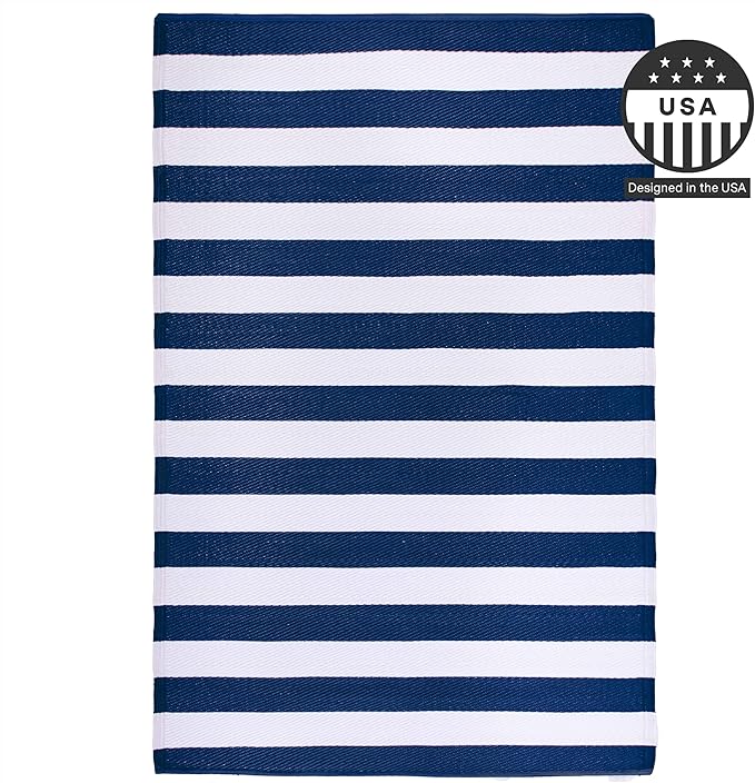 FH Home Outdoor Rug - Waterproof, Fade Resistant, Reversible - Premium Recycled Plastic - Striped - Large Patio, Deck, Sunroom, Camping, RV - Brittany Stripe - Blue & White Crease Free - 6 x 9 ft