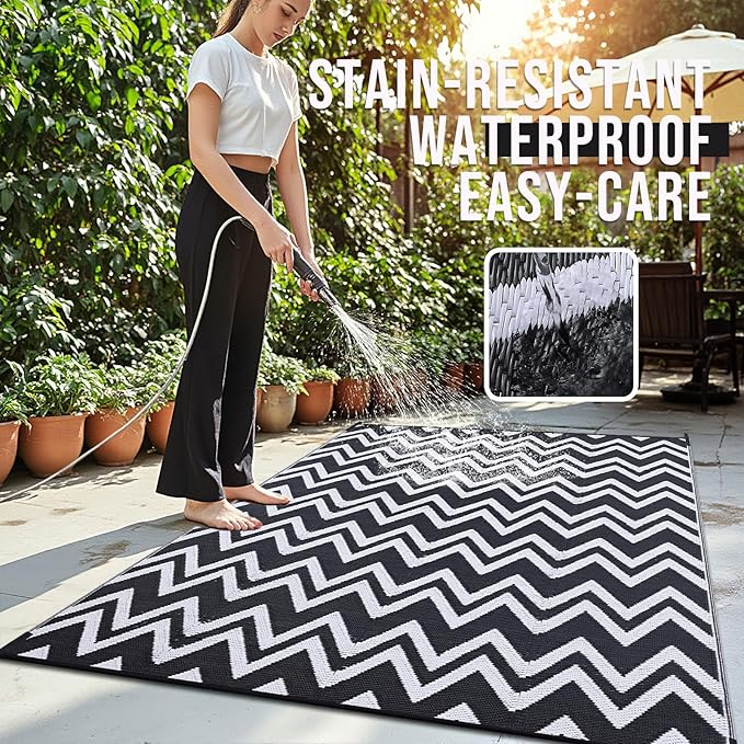 OLANLY Waterproof Outdoor Rug 6x9 ft Clearance, Reversible Outdoor Plastic Straw Rug, RV Mat, Indoor Outdoor Carpet for Patio, Camping, Balcony, Deck, Backyard, Black & White