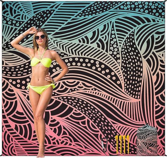 Beach Blanket Waterproof Sandproof Beach Mat 79”x 83” for 1-4 Adults Quick Drying Durable Outdoor Picnic Mat for Beach Festival Travel Camping Hiking (Gradiant BK-Ripple, 79"×83"(4 Person))