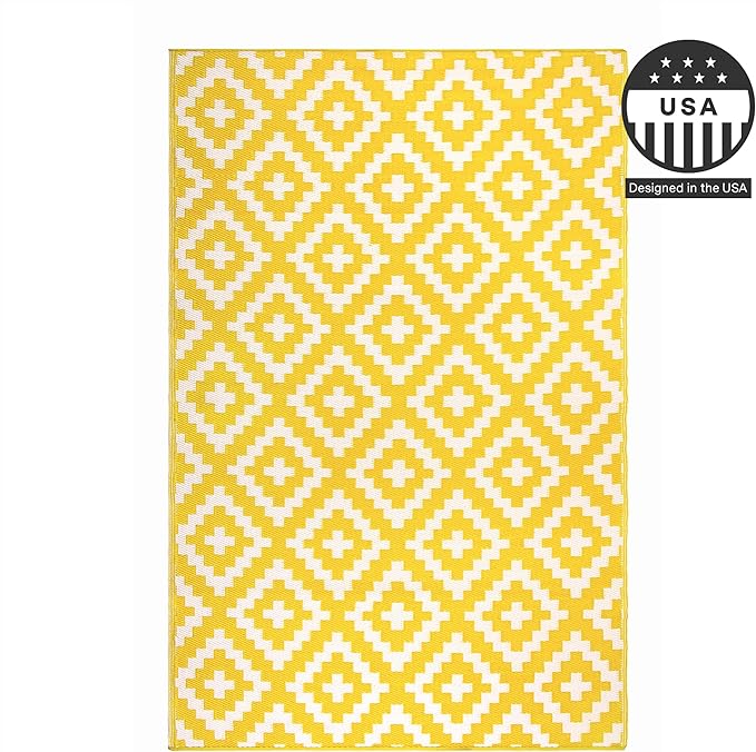 FH Home Outdoor Camping Rug - Waterproof, Fade Resistant, Reversible - Premium Recycled Plastic - Geometric - Large Patio, Deck, Sunroom, RV - Aztec - Yellow & White - 9 x 12 ft Foldable