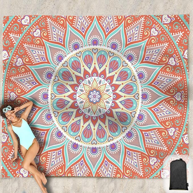 Beach Blanket Waterproof Sandproof Oversized 95”x 80”,Sand Free Beach Mat with Corner Pockets,Portable Mesh Bag for Beach Festival,Picnic,Travel and Outdoor Camping (SunsetOrange Green)