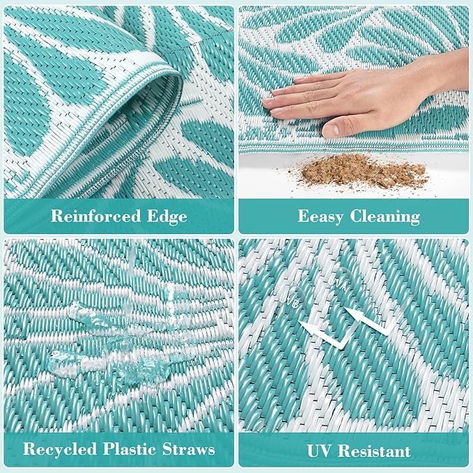 Lahome Waterproof Outdoor Rugs for Camping 6x9, Plastic Straw Lightweight Portable Reversible Rv Rug, Outdoor Carpet for Pool Beach Balcony Tent Patio Deck, Teal 6'x9'