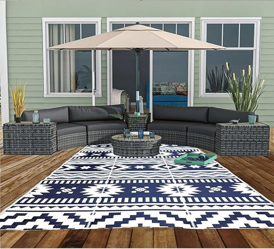 BalajeesUSA Outdoor Rugs 9x12 ft Large Plastic Patio Grey Dark Blue Affordable Multipurpose Woven Plastic Straw All-Weather Waterproof Reversible Camper mat Backyard Picnic Sports Camps Tent 7575